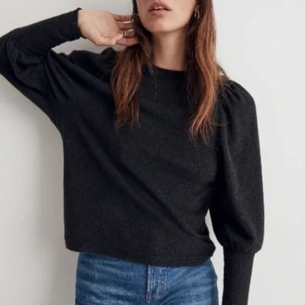 Madewell Puff Sleeve Dark Gray Soft Brushed Knit Top